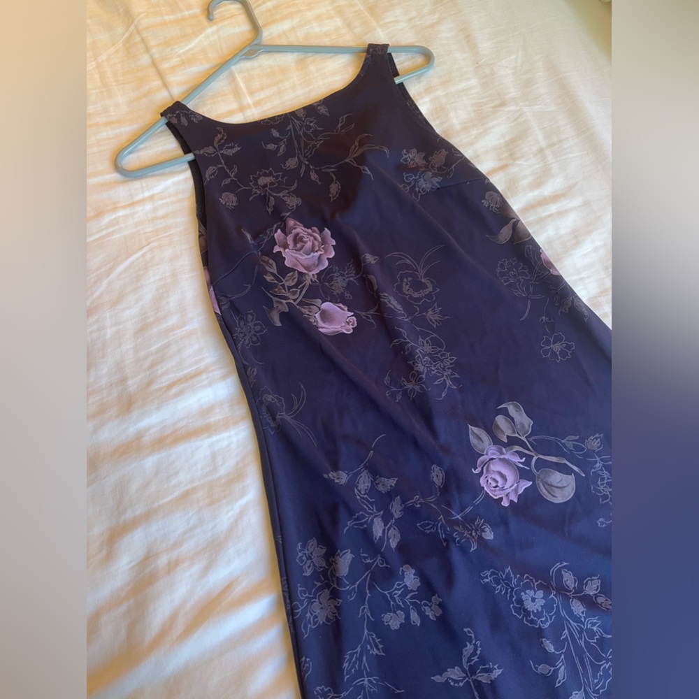Vintage navy midi dress with purple flowers